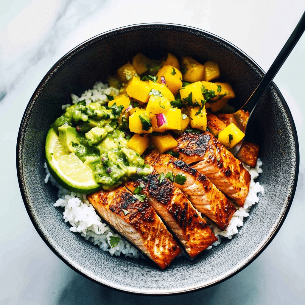 BBQ Salmon Bowls with Mango Avocado Salsa