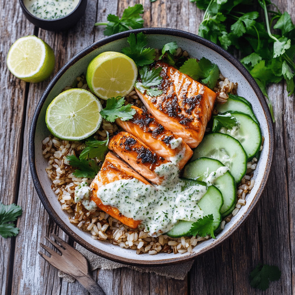 Crunchy Brown Rice Salmon Bowls with Herbed Tahini Dressing