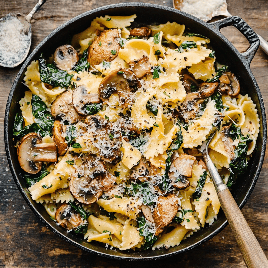 One-Pot Garlic Parmesan Pasta with Spinach and Mushrooms