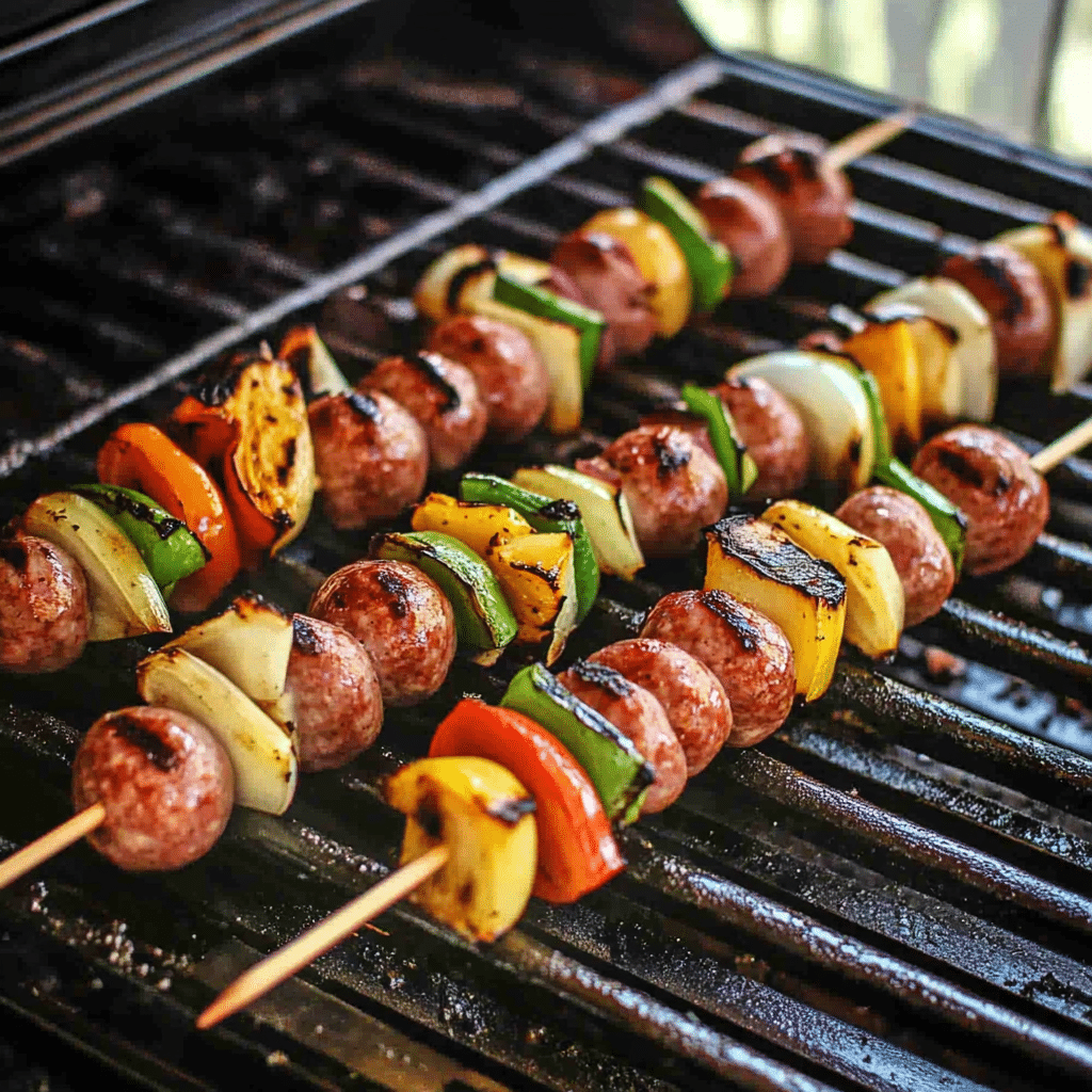 Grilled Brat Kabobs with Marinated Vegetables