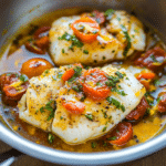 Pan-Seared Cod in White Wine Tomato Basil Sauce