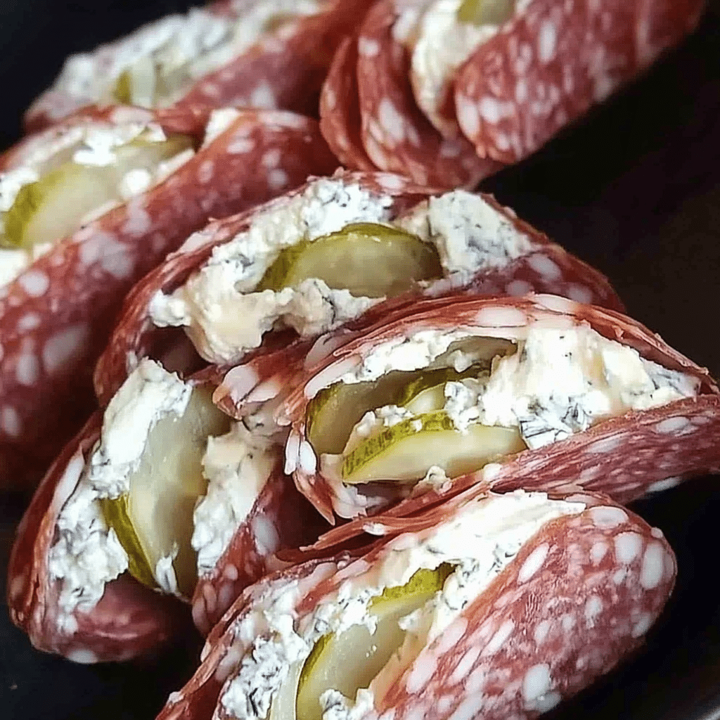 Salami Filled with Cream Cheese and Dill Pickles