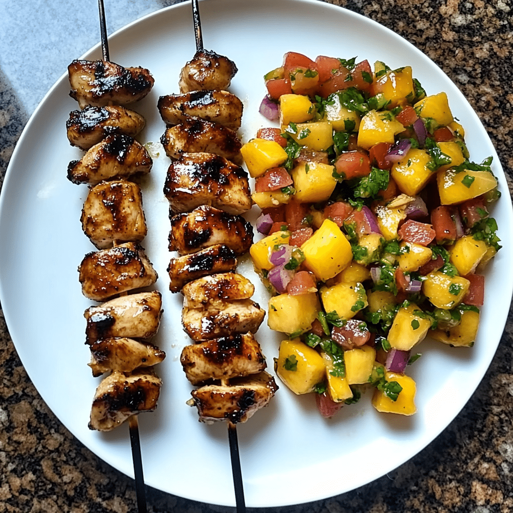 Spicy Honey Garlic Chicken Skewers with Mango Salsa