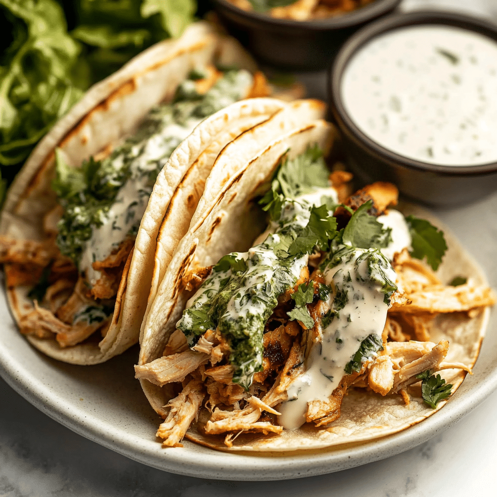 Shredded Chicken Tacos with Creamy Chimichurri Sauce