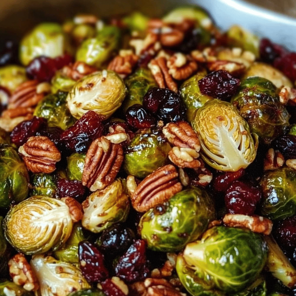 Balsamic Roasted Brussels Sprouts with Cranberries & Pecans
