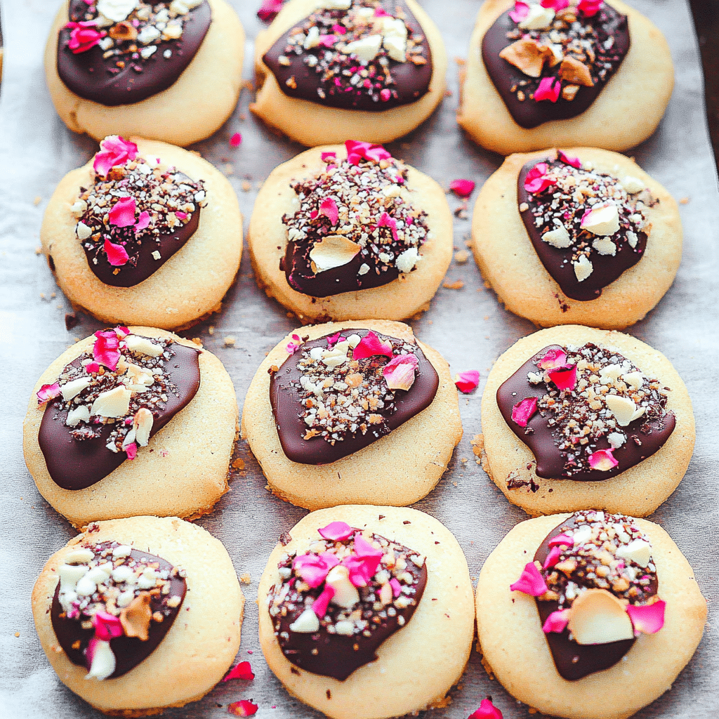 Chocolate Dipped Rose Petal Shortbread Cookies