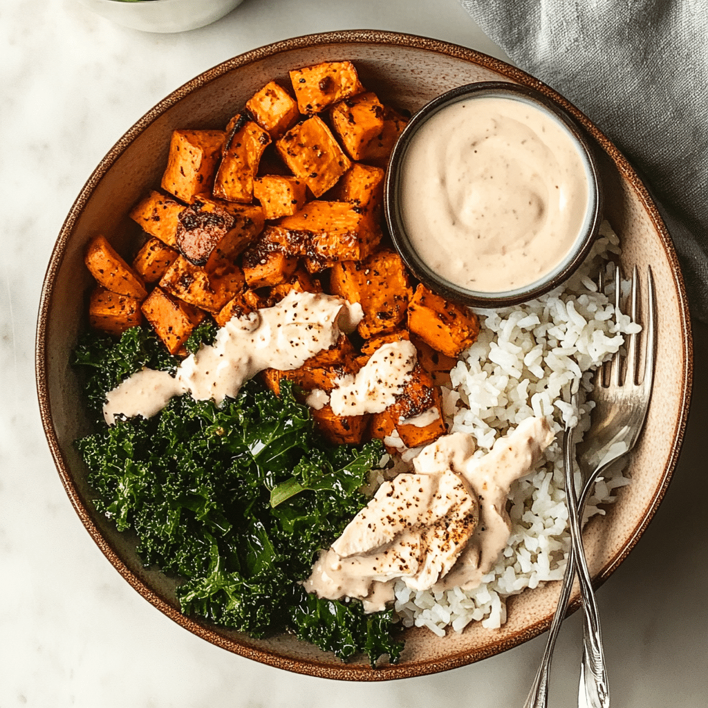 Roasted Sweet Potato, Chicken, Kale, and Rice Bowls for Two