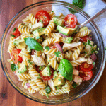 Healthy Chicken Pasta Salad with Avocado, Tomato, and Basil