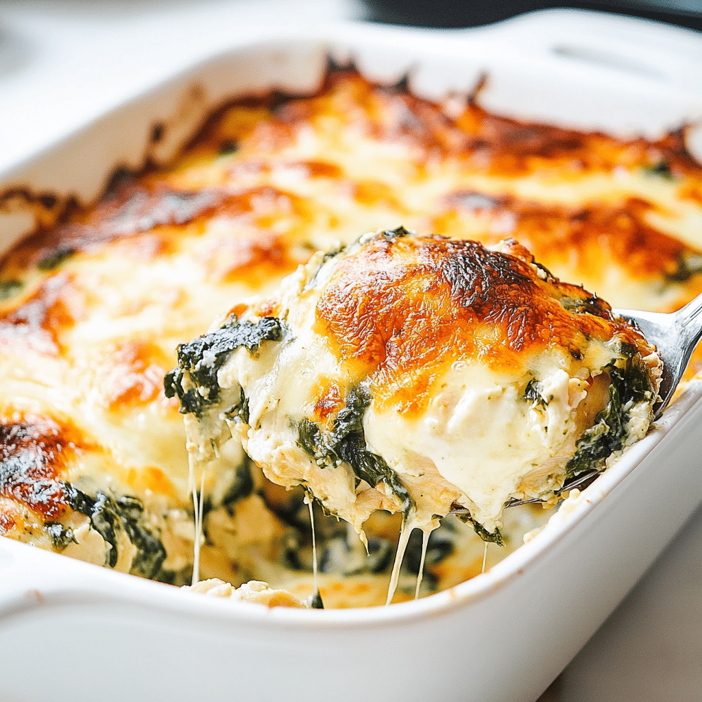 Spinach Chicken Casserole with Cream Cheese and Mozzarella