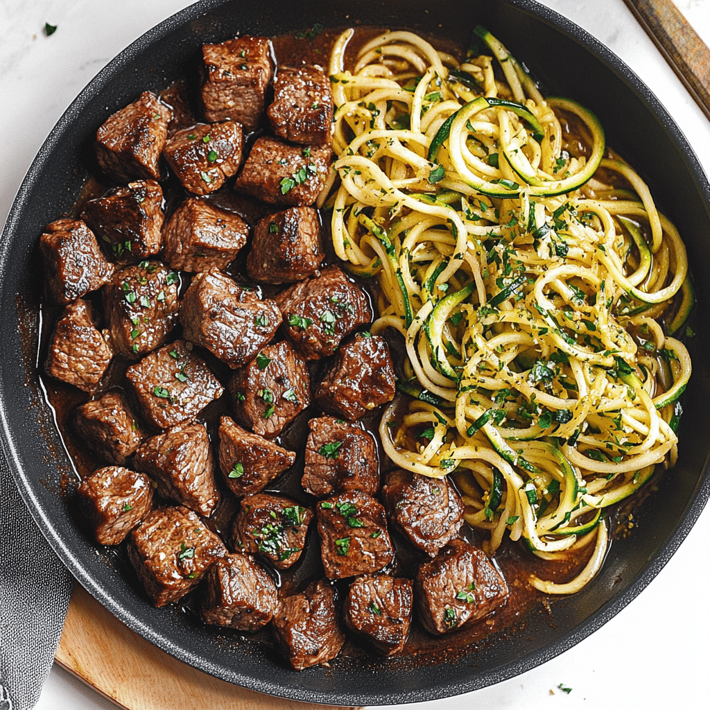 Garlic Butter Steak Bites with Lemon Zucchini Noodles