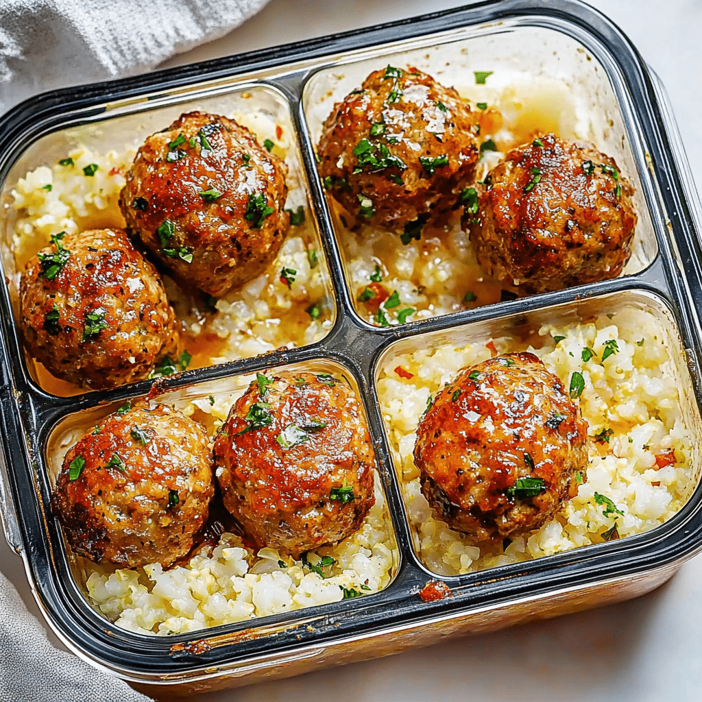 Meal Prep Garlic Butter Chicken Meatballs with Cauliflower Rice