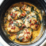 CrockPot Tuscan Garlic Chicken Thighs With Spinach and Sun-Dried Tomatoes