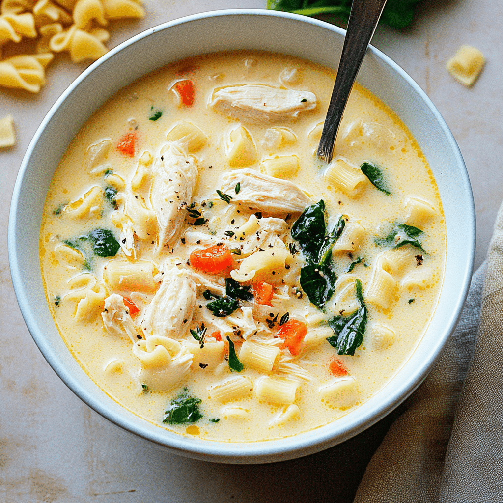 Creamy Chicken Soup with Pasta and Spinach