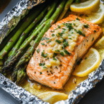 Baked Salmon in Foil with Asparagus and Lemon Garlic Butter Sauce