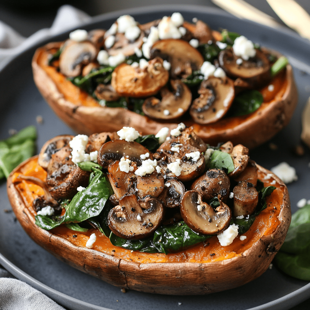Stuffed Sweet Potatoes with Spinach, Mushroom, and Feta Recipe