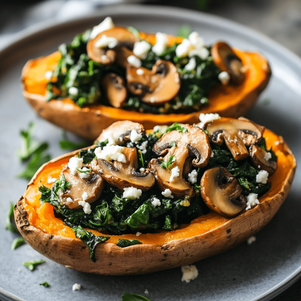 Stuffed Sweet Potatoes with Spinach, Mushroom, and Feta Recipe