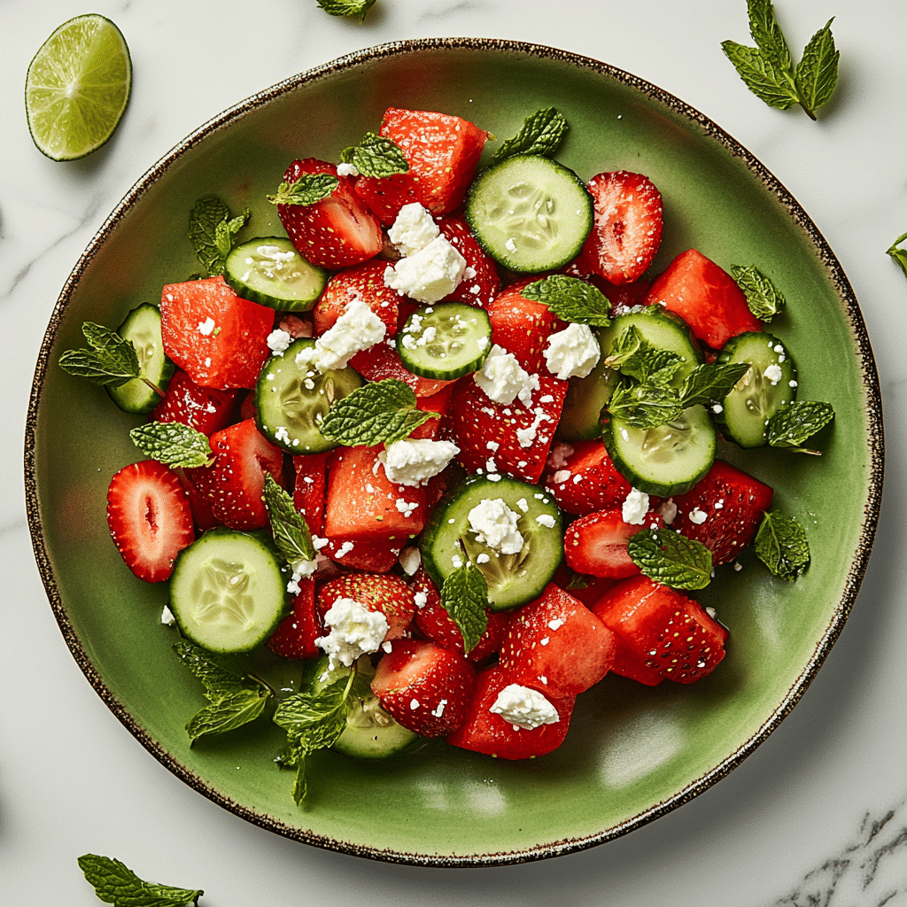 Watermelon Cucumber Salad with Strawberries and Feta