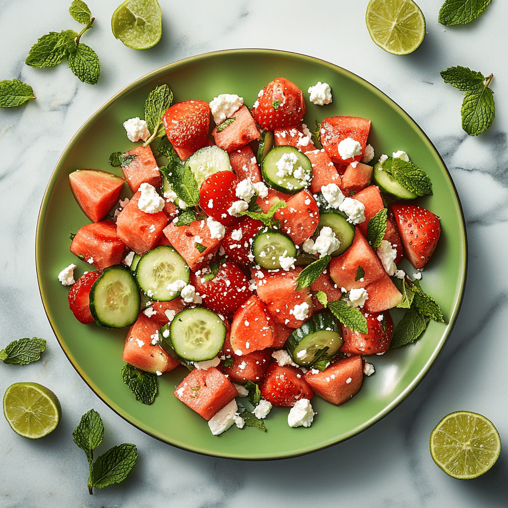 Watermelon Cucumber Salad with Strawberries and Feta