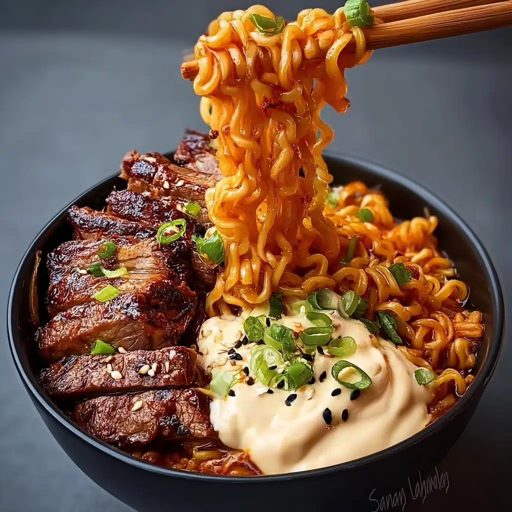 Spicy Korean Ramen with Grilled Beef & Creamy Sauce Recipe - Recipe Image
