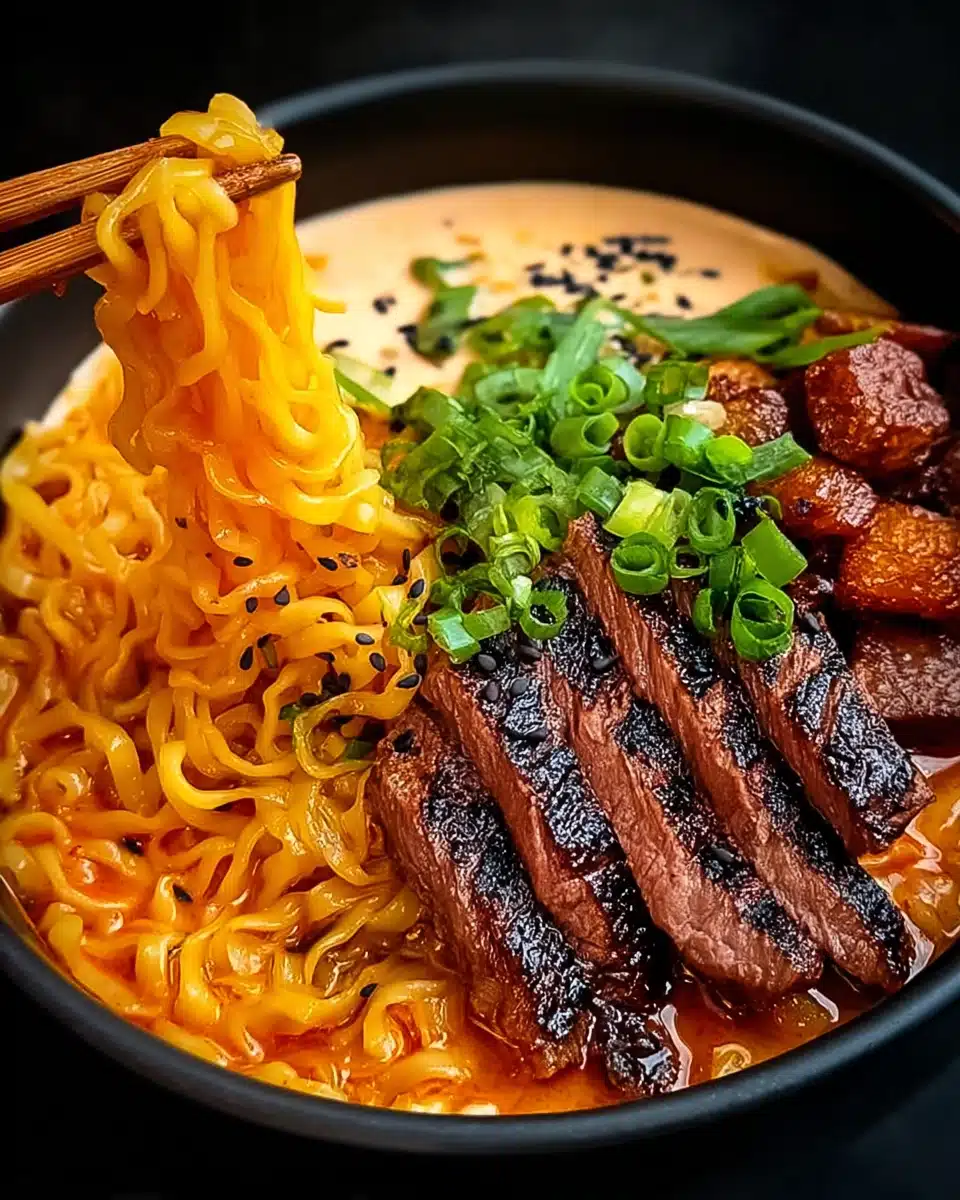 Spicy Korean Ramen with Grilled Beef & Creamy Sauce Recipe
