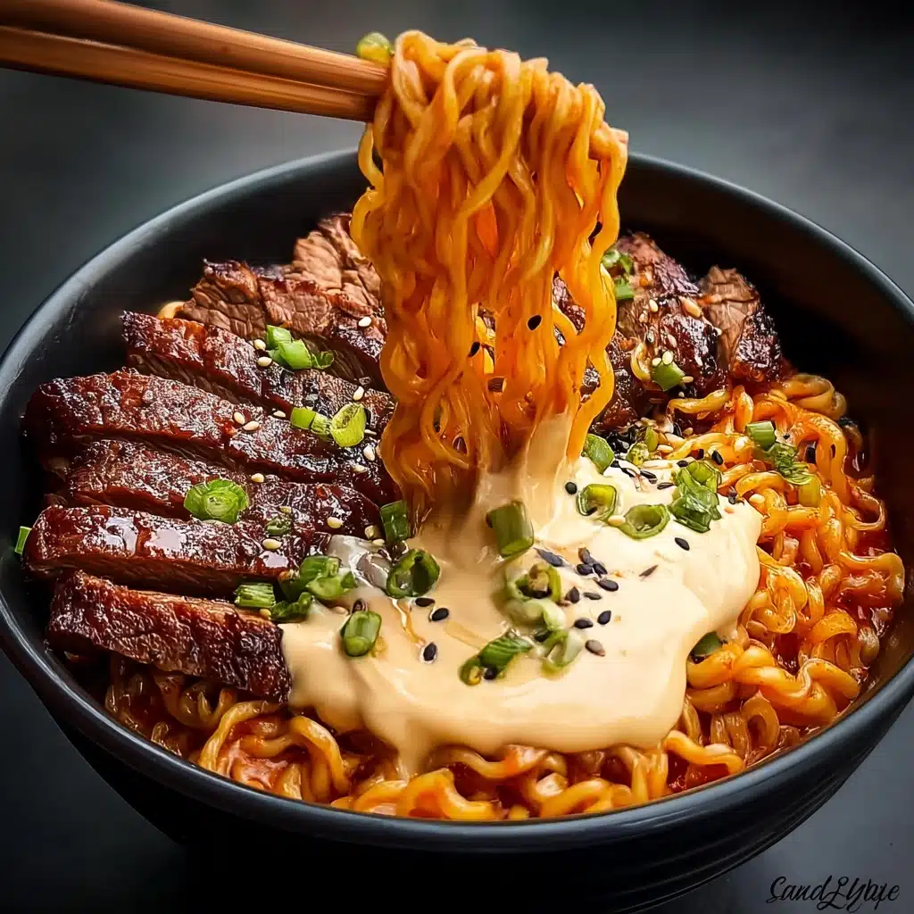 Spicy Korean Ramen with Grilled Beef & Creamy Sauce Recipe - Recipe Image