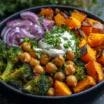 Vibrant Roasted Veggie and Crispy Chickpea Bowls with Maple Dijon Tahini Dressing