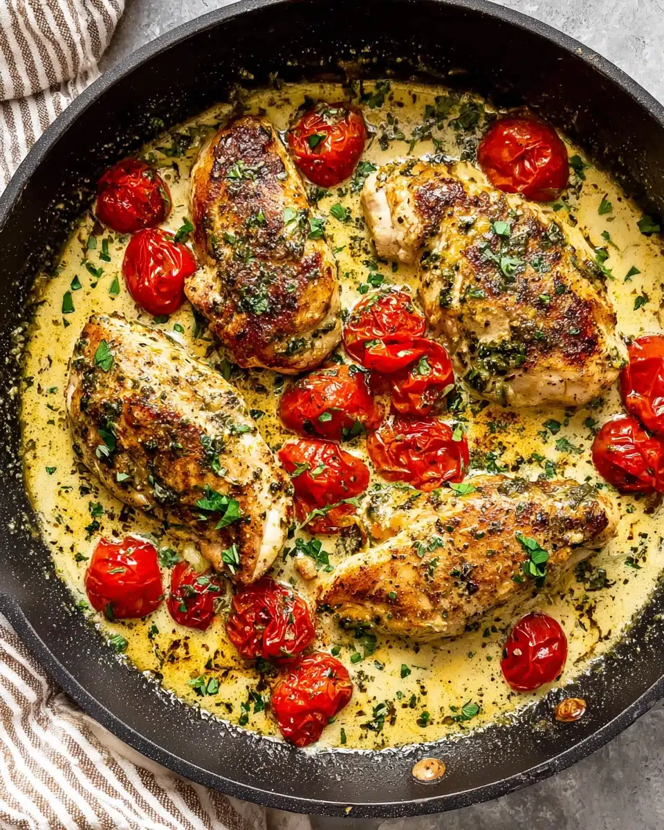 Creamy Pesto Chicken with Roasted Tomatoes Recipe