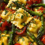 Ravioli with Tomatoes, Asparagus, Garlic, and Herbs Recipe