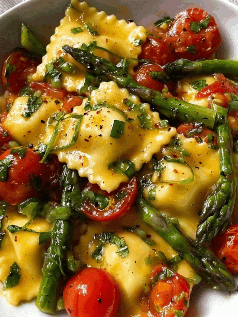 Ravioli with Tomatoes, Asparagus, Garlic, and Herbs Recipe